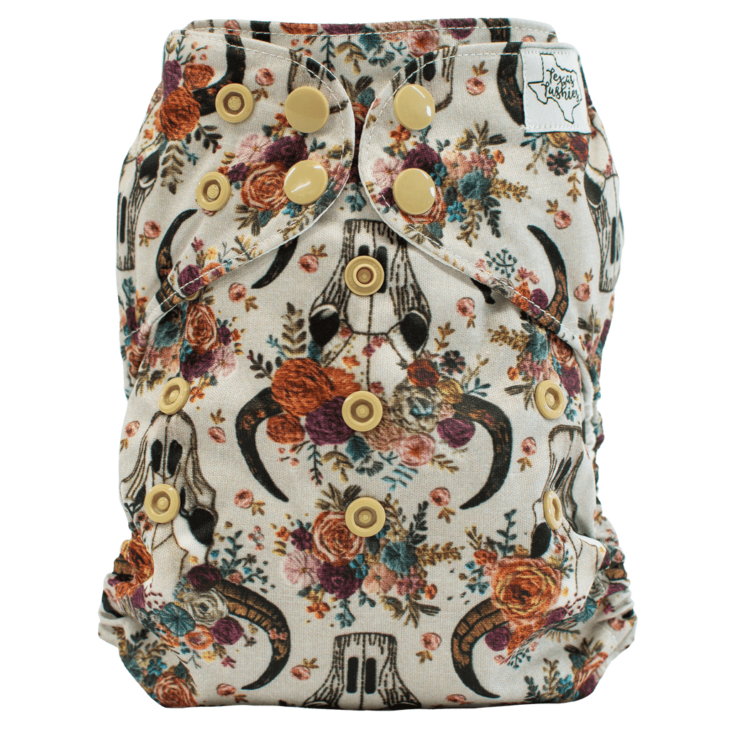 Floral Skulls Embroidery - One Size AIO - Texas Tushies - Modern Cloth Diapers & Beyond