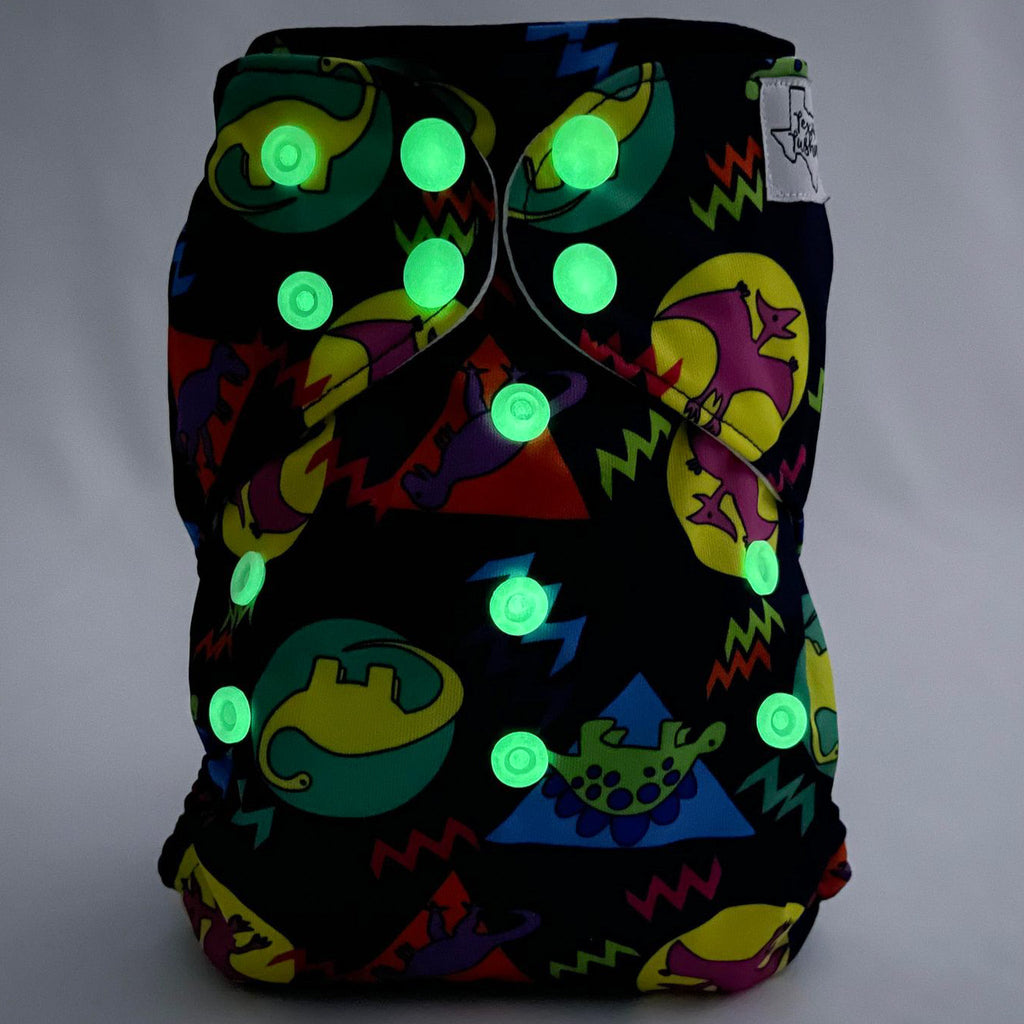 70's Dino Glow Snaps - One Size Cover - Texas Tushies - Modern Cloth Diapers & Beyond