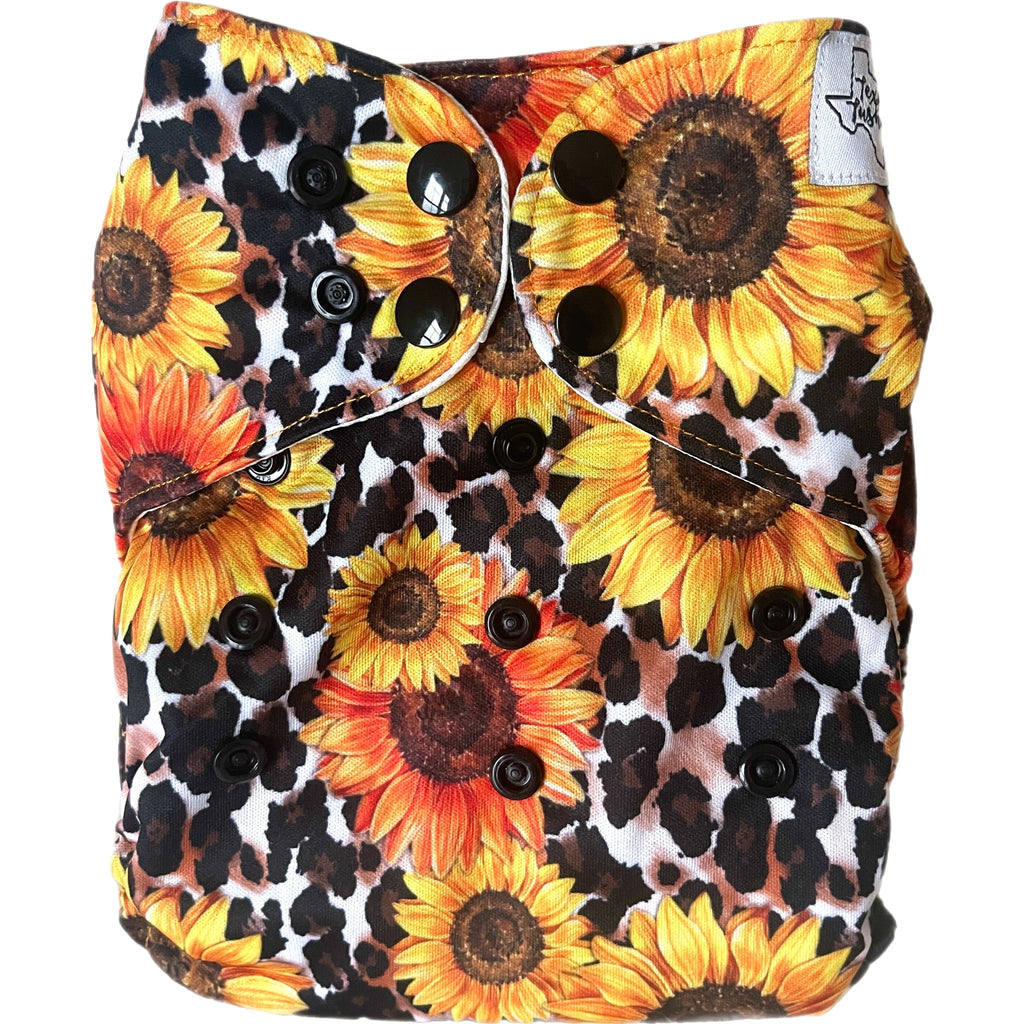Leopard Sunflower - One Size AIO - Texas Tushies - Modern Cloth Diapers & Beyond