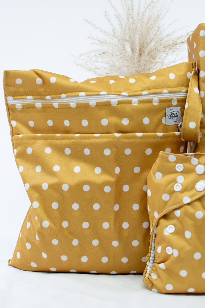 Mustard Polka Dots - Wet Bag - Texas Tushies - Modern Cloth Diapers & Beyond